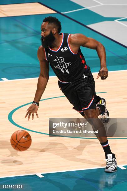 James Harden of Team LeBron handles the ball during the 2019 NBA All-Star Game on February 17, 2019 at the Spectrum Center in Charlotte, North...