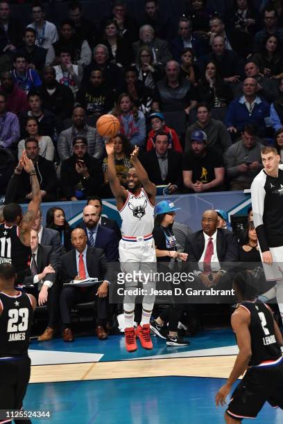 Kemba Walker of Team Giannis shoots the ball against Team LeBron during the 2019 NBA All Star Game on February 17, 2019 at Spectrum Center in...