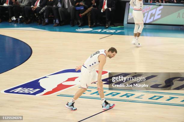 Dirk Nowitzki of Team Giannis celebrates during the 2019 NBA All-Star Game on February 17, 2019 at the Spectrum Center in Charlotte, North Carolina....