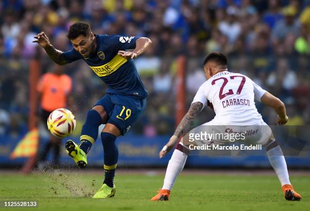 Mauro Zarate of Boca Juniors kicks the ball during a match between Boca Juniors and Lanus as part of Superliga 2018/19 at Estadio Alberto J. Armando...
