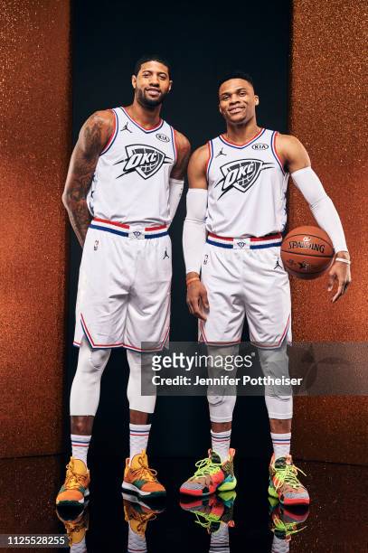 Paul George and Russell Westbrook of Team Giannis poses for a portrait before the 2019 NBA All-Star game on February 17, 2019 at the Spectrum Center...