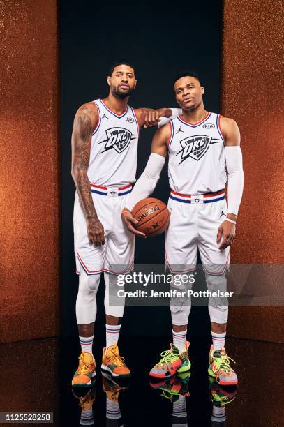 Paul George and Russell Westbrook of Team Giannis poses for a portrait before the 2019 NBA All-Star game on February 17, 2019 at the Spectrum Center...