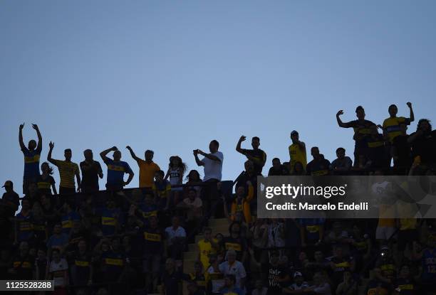 Fans of Boca Juniors cheer for their team during a match between Boca Juniors and Lanus as part of Superliga 2018/19 at Estadio Alberto J. Armando on...