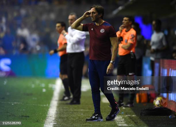 Luis Zubeldia coach of Lanus gestures during a match between Boca Juniors and Lanus as part of Superliga 2018/19 at Estadio Alberto J. Armando on...