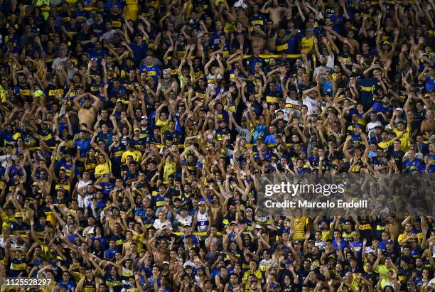 Fans of Boca Juniors cheer for their team during a match between Boca Juniors and Lanus as part of Superliga 2018/19 at Estadio Alberto J. Armando on...