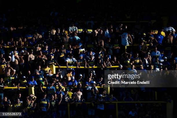 Fans of Boca Juniors cheer for their team before a match between Boca Juniors and Lanus as part of Superliga 2018/19 at Estadio Alberto J. Armando on...