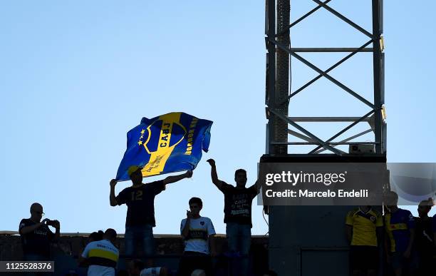 Fans of Boca Juniors cheer for their team before a match between Boca Juniors and Lanus as part of Superliga 2018/19 at Estadio Alberto J. Armando on...