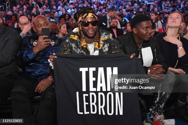 Rapper, 2 Chainz holds up a shirt cheering for Team LeBron during the 2019 NBA All-Star Game on February 17, 2019 at Spectrum Center in Charlotte,...