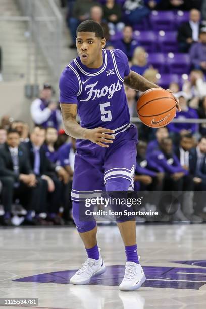 Horned Frogs guard Kendric Davis looks to pass the basketball during the game between the TCU Horned Frogs and the Oklahoma Sooners on February 16,...