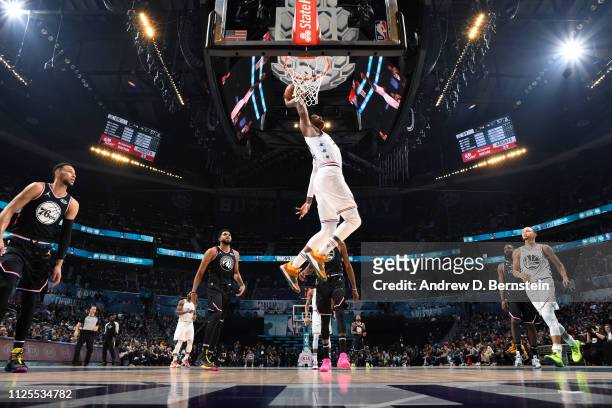 Paul George of Team Giannis dunks the ball against Team LeBron during the 2019 NBA All-Star Game on February 17, 2019 at the Spectrum Center in...