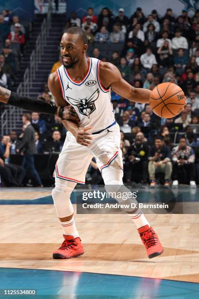 Kemba Walker of Team Giannis handles the ball against Team LeBron during the 2019 NBA All-Star Game on February 17, 2019 at the Spectrum Center in...