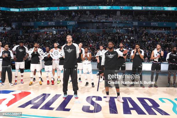 Dirk Nowitzki of Team Giannis and Dwyane Wade of Team LeBron are honored during the 2019 NBA All-Star Game on February 17, 2019 at the Spectrum...