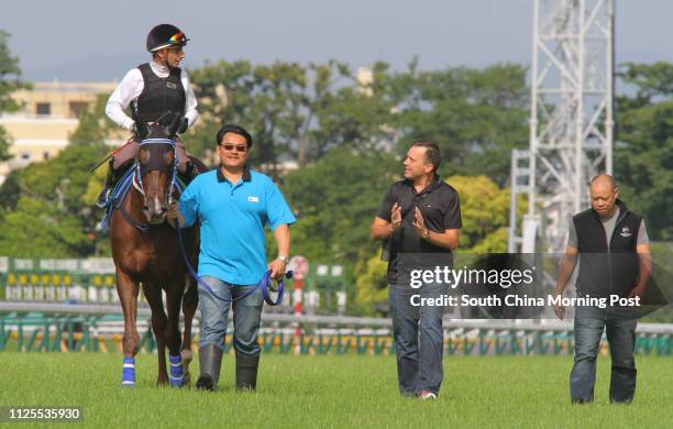 The Yasuda Kinen 2013 runner HELENE SPIRIT, ridden by Gerald Mosse, going back to stable after gallop on the turf in Tokyo Racecourse. Picture shows...