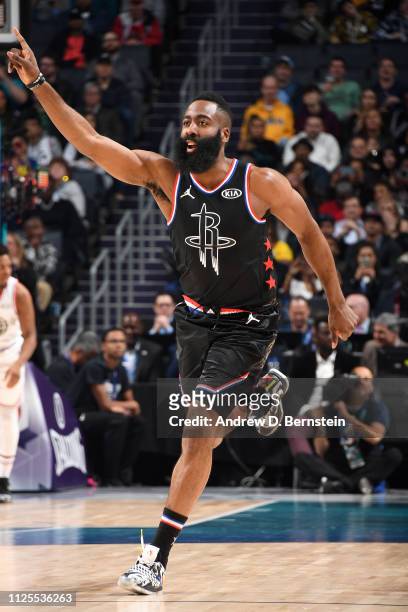 James Harden of Team LeBron reacts to a play during the game against Team Giannis during the 2019 NBA All-Star Game on February 17, 2019 at the...