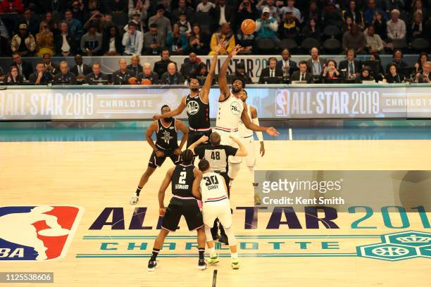 Kevin Durant of Team LeBron and Joel Embiid of Team Giannis tip off at the start of the game during the 2019 NBA All-Star Game on February 17, 2019...