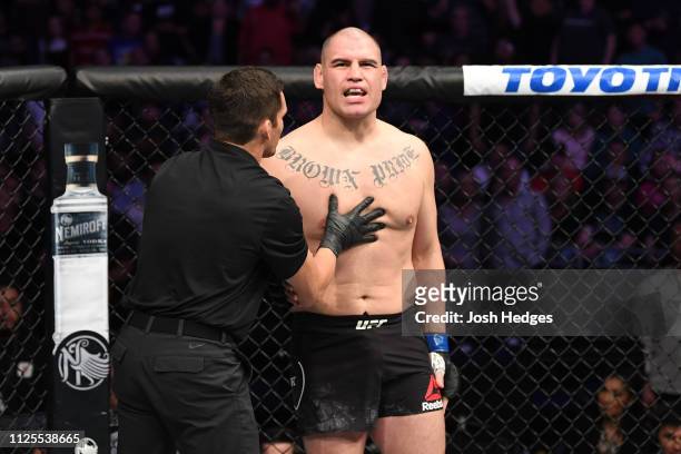 Cain Velasquez reacts after his KO loss to Francis Ngannou of Cameroon in their heavyweight bout during the UFC Fight Night event at Talking Stick...