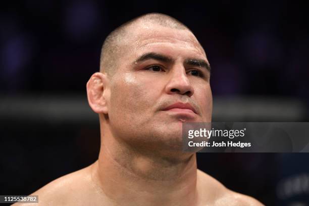Cain Velasquez reacts after his KO loss to Francis Ngannou of Cameroon in their heavyweight bout during the UFC Fight Night event at Talking Stick...