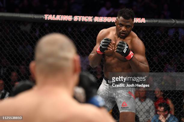 Francis Ngannou of Cameroon stands in his corner prior to his heavyweight bout against Cain Velasquez during the UFC Fight Night event at Talking...