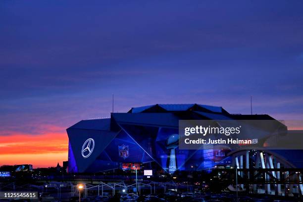 An exterior view of the Mercedes-Benz Stadium is seen on January 27, 2019 in Atlanta, Georgia.