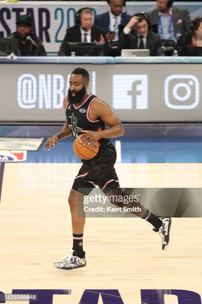 James Harden of Team LeBron handles the ball against Team Giannis during the 2019 NBA All-Star Game on February 17, 2019 at the Spectrum Center in...