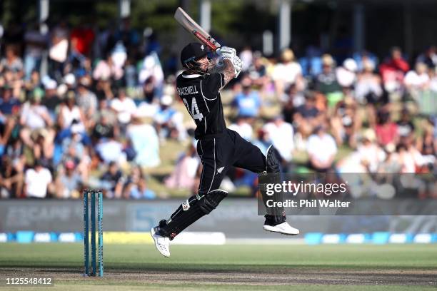 Doug Bracewell of New Zealand bats during game three of the One Day International series between New Zealand and India at Bay Oval on January 28,...