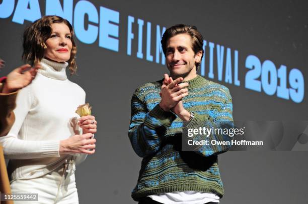 Actors Rene Russo and Jake Gyllenhaal attend the Netflix film "Velvet Buzzsaw" Sundance Film Festival Premiere at Eccles Center Theatre on January...