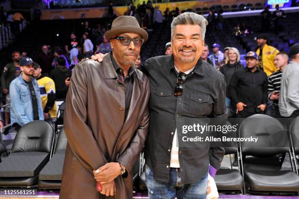 Arsenio Hall and George Lopez attend a basketball game between the Los Angeles Lakers and the Phoenix Suns at Staples Center on January 27, 2019 in...