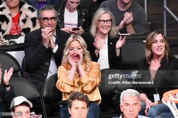 Eugene Levy, Catherine O'Hara and Lakers' owner Jeanie Buss attend a basketball game between the Los Angeles Lakers and the Phoenix Suns at Staples...