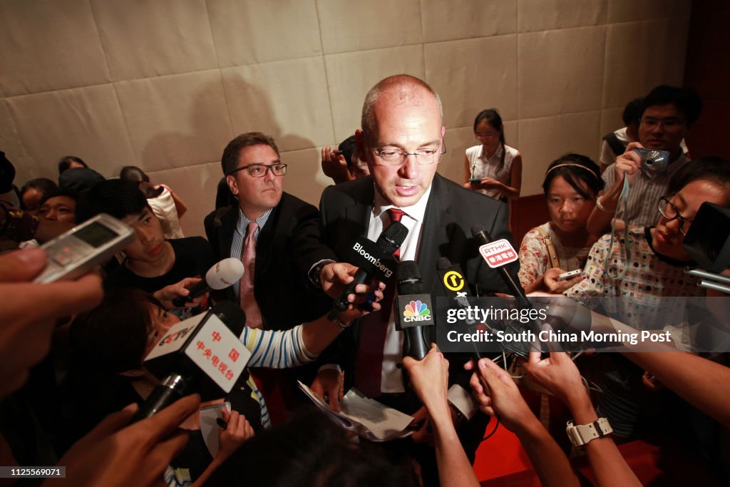 Theo Spierings, CEO of New Zealand dairy product company Fonterra, speaks to the press at a press conference in Beijing, regarding its tainted milk product. 05AUG13 == Photo by Simon Song ==