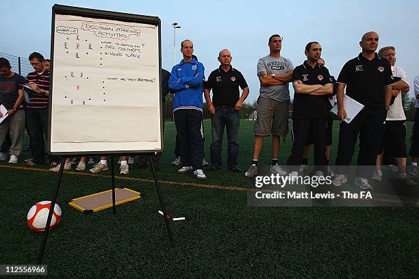 Licensed football coaches who signed up to join the FA licensed CPD pilot scheme are taught some of the latest coaching techniques both on the pitch...