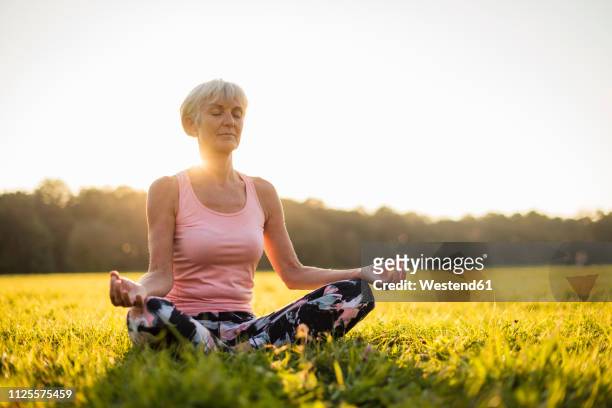 senior woman in lotus position on rural meadow at sunset - schneidersitz stock-fotos und bilder