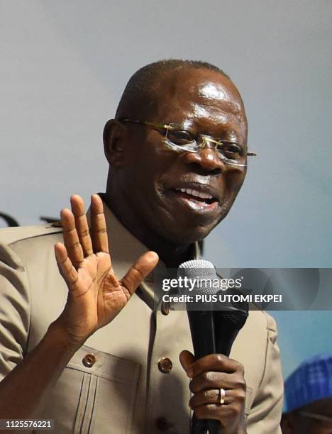 Chairman of the All Progressives Congress Adams Oshiomhole speaks during the party caucus emergency meeting on the postponed general elections in...