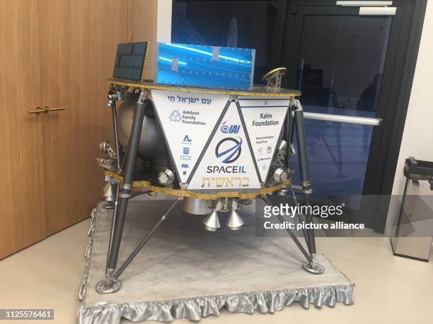 February 2019, Israel, Ramat Gan: A model of the Israeli spacecraft Beresheet at a press conference of the Israeli organization SpaceIL in Ramat Gan....