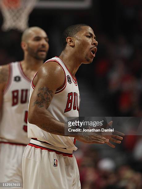 Derrick Rose of the Chicago Bulls encourages his teammates against the Indiana Pacers in Game Two of the Eastern Conference Quarterfinals in the 2011...