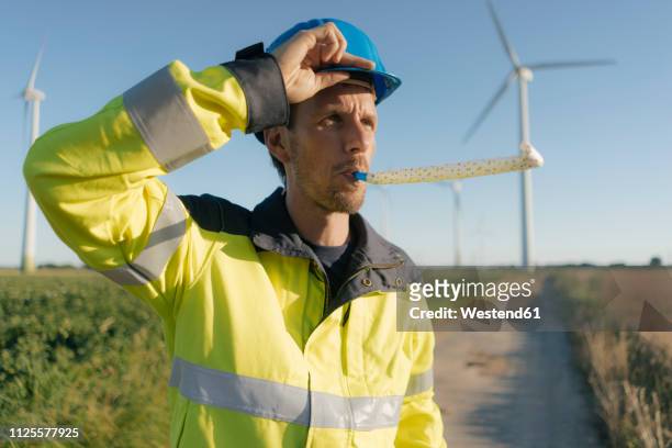 portrait of an engineer with party blower at a wind farm - party blower stock-fotos und bilder