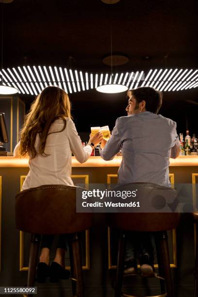 rear view of couple clinking beer glasses in a bar - bar stock-fotos und bilder