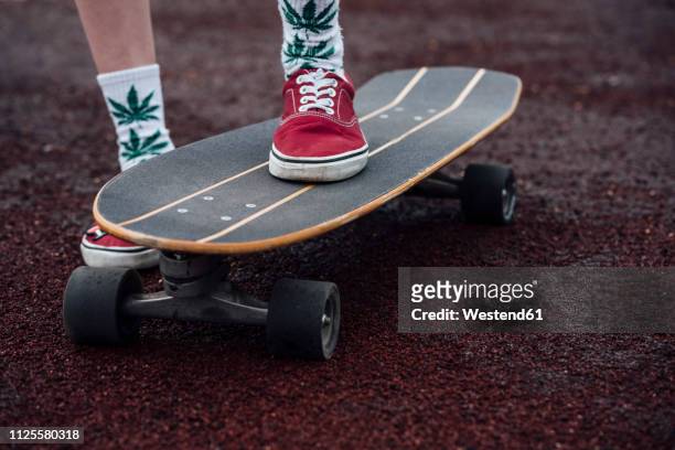 woman's legs in socks and sneakers standing on carver skateboard - stockings feet 個照片及圖片檔