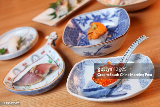 Sushi Selection with Saba, Ikura and Hokkaido uni, dishes from Japanese Sushi Bar Tomoe in Tsim Sha Tsui. 23AUG13 [SEPTEMBER2013 48HOURS FOOD...