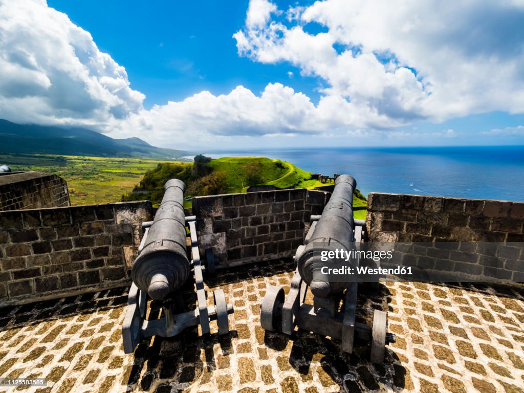 Caribbean, Lesser Antilles, Saint Kitts and Nevis, Basseterre, Brimstone Hill Fortress, old cannon