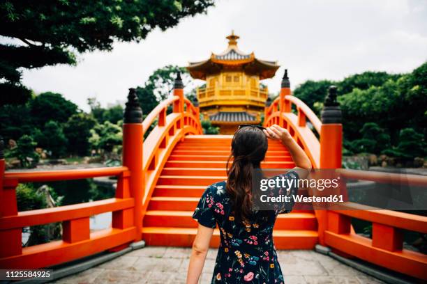 china, hong kong, diamond hill, nan lian garden, female tourist lookint at golden pavilion of absolute perfection - jardín japonés fotografías e imágenes de stock