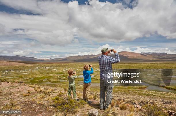 peru, chivay, colca canyon, father and sons taking pictures of swamp landscape in the andes - paisajes de peru fotografías e imágenes de stock