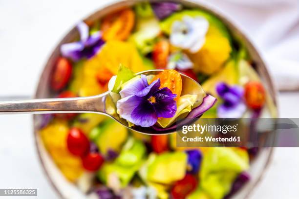 spoon of mixed salad with avocado, tomatoes and edible flower, close-up - comida flores fotografías e imágenes de stock