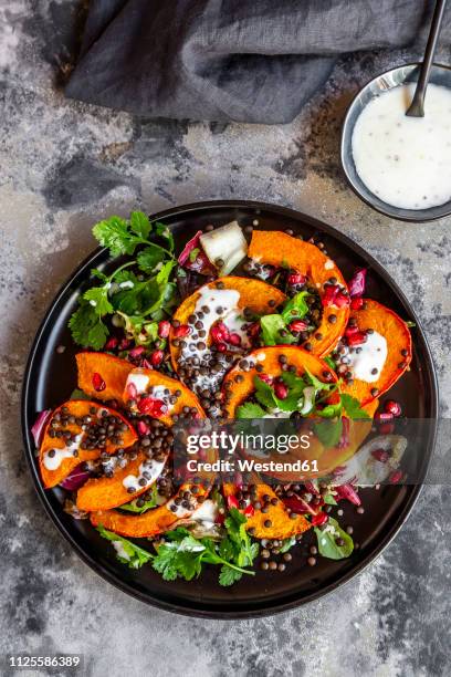 autumnal salad with fried pumpkin, lentils, radicchio, pomegranate seeds, leaf salad and parsley with dressing - radicchio stock pictures, royalty-free photos & images