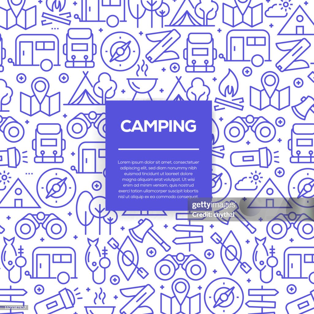 Vector set of design templates and elements for Camping in trendy linear style - Seamless patterns with linear icons related to Camping - Vector