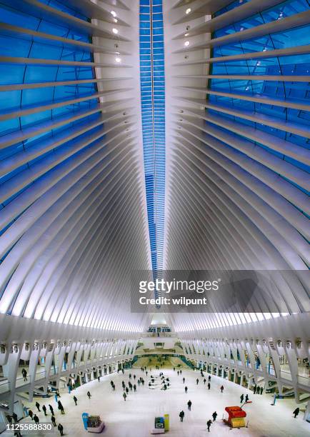 vertical panorama inside of the world trade centre transportation hub - new york city hall stock pictures, royalty-free photos & images