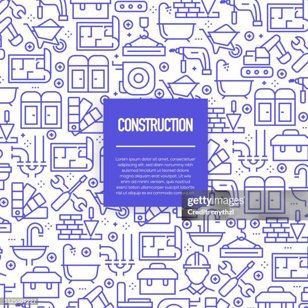 vector set of design templates and elements for construction industry in trendy linear style - seamless patterns with linear icons related to construction industry - vector - plumber tools background stock illustrations