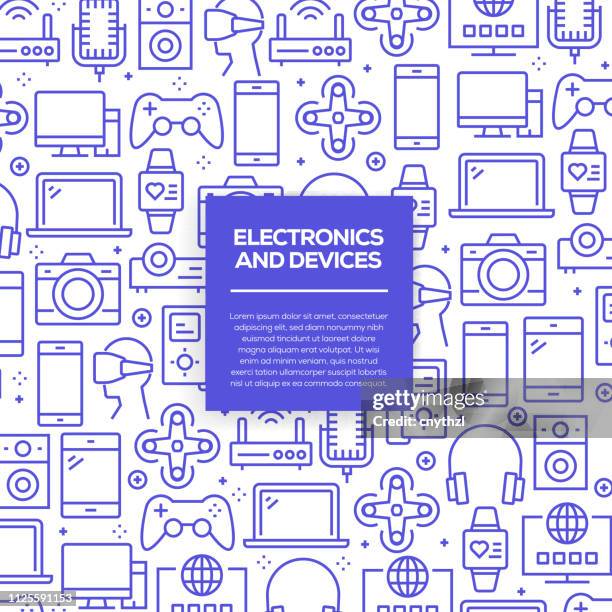 vector set of design templates and elements for electronics and devices in trendy linear style - seamless patterns with linear icons related to electronics and devices - vector - tablet screen office stock illustrations