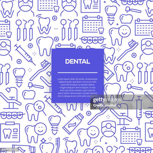 stockillustraties, clipart, cartoons en iconen met vector verzameling ontwerpsjablonen en elementen voor dental in trendy lineaire stijl - naadloze patronen met lineaire pictogrammen aan dental - gerelateerde vector - dental implant