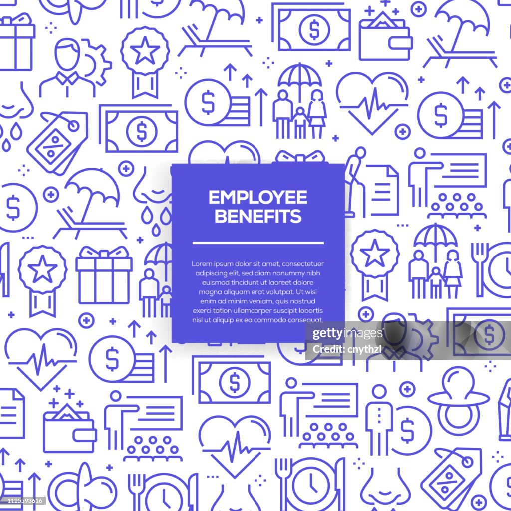 Vector set of design templates and elements for Employee Benefits in trendy linear style - Seamless patterns with linear icons related to Employee Benefits - Vector