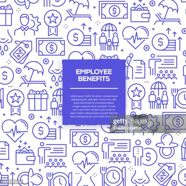 vector set of design templates and elements for employee benefits in trendy linear style - seamless patterns with linear icons related to employee benefits - vector - work benefits stock illustrations